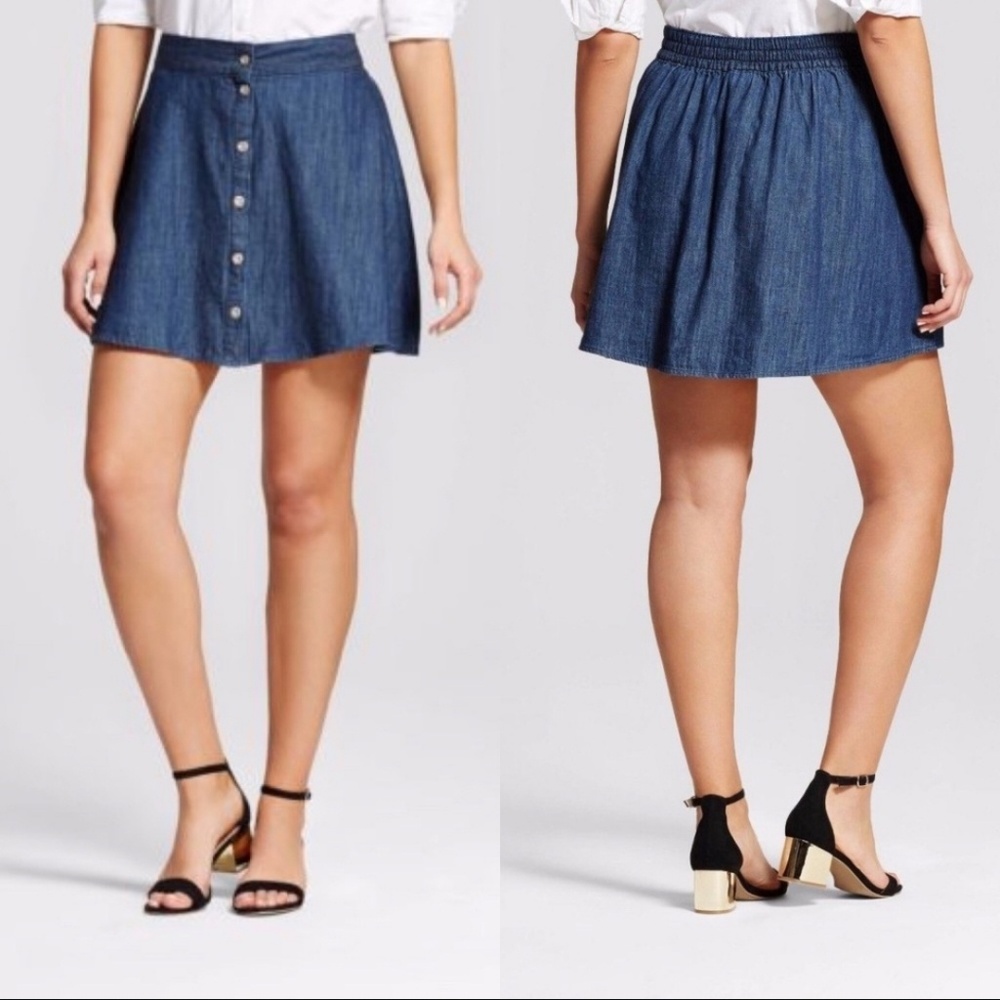 Button Down Jean Fit & Flare Skater Skirt